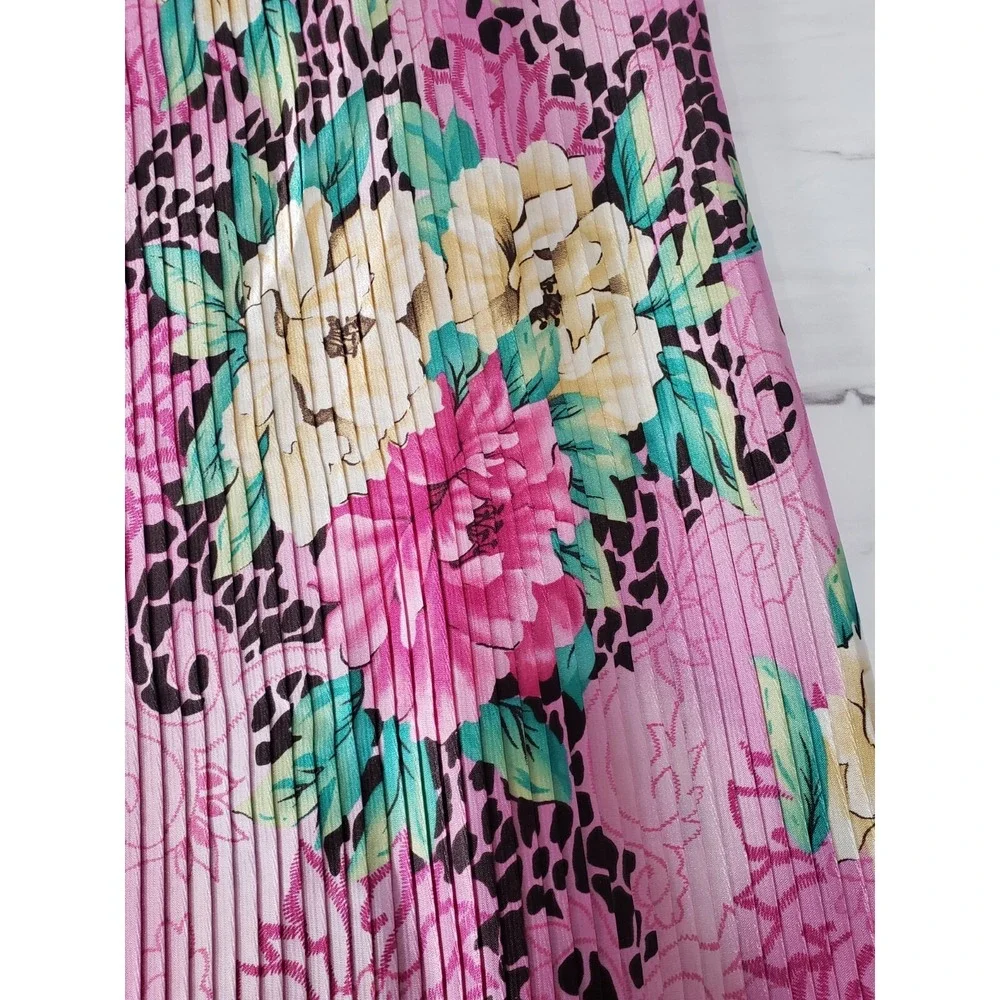 PINK FLORAL PRINT ACCORDION PLEATED SATIN POLYESTER FABRIC